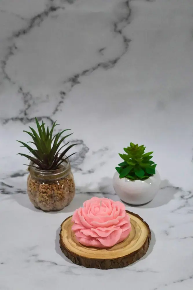Pink peony candle on a wooden slice