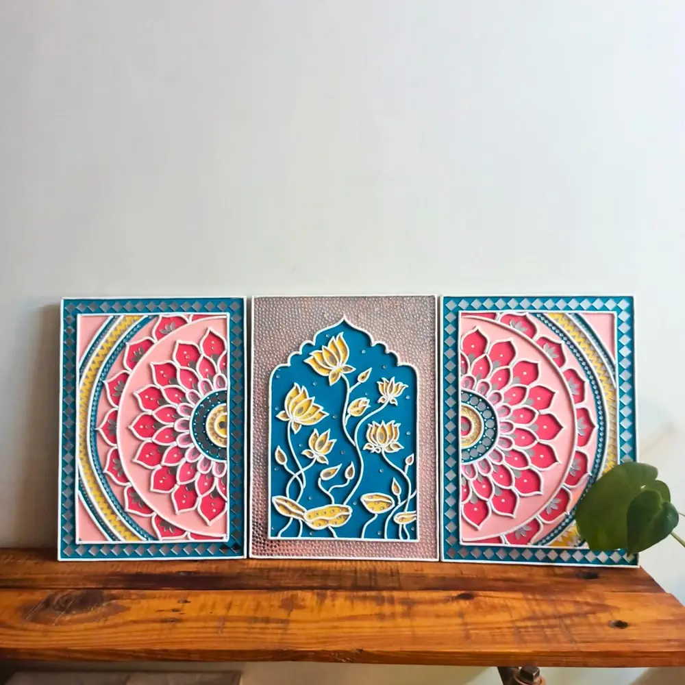 Triptych of pink and teal lippan mandala wall art with mirror work